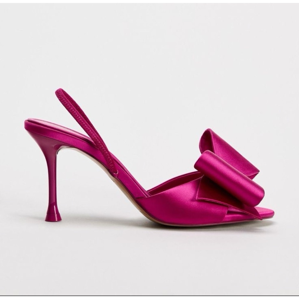 NWT NEW Zara Embeliished Fuchsia Pinn Satin Effect Bow High Heel Sandals US 6​ - Picture 7 of 10